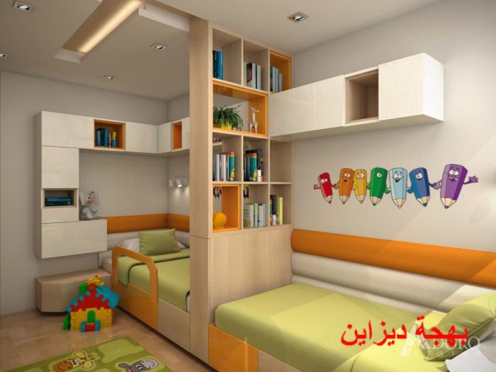 غرفة نوم اطفال بسريرين بشكل جانبي بسيط