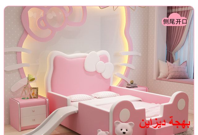 غرفة نوم اطفال السرير باللون الابيض و الروز علي شكل قطة