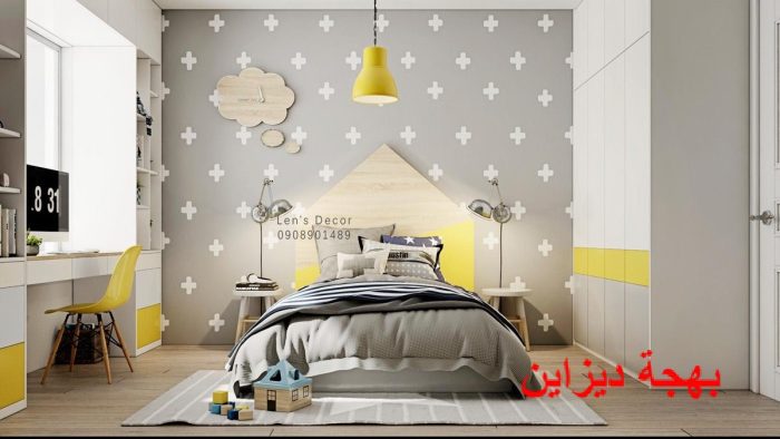 غرفة نوم اطفال رمادى مع اضافة اللون الاصفر في بعض الاجزاء