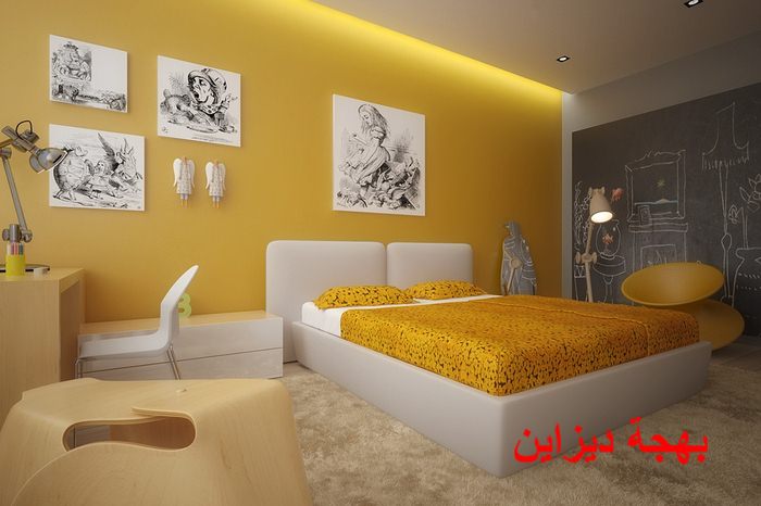 غرفة نوم اطفال رمادى و اصفر رائعة