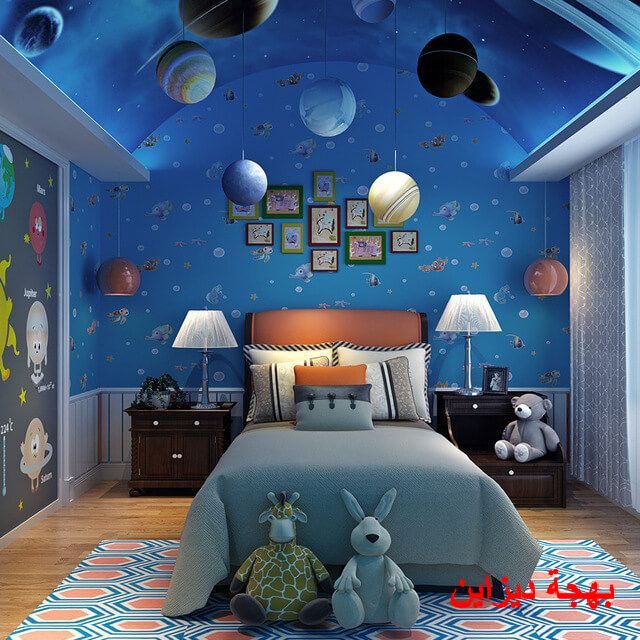غرفة نوم اطفال للذكور مع استخدام شكل الكواكب