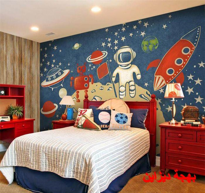 غرفة نوم اطفال مع خلفية الفضاء