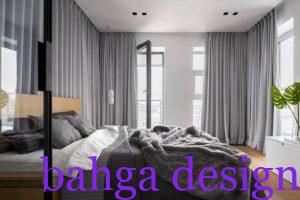 Luxury bedroom interior with double bed and gray window curtains