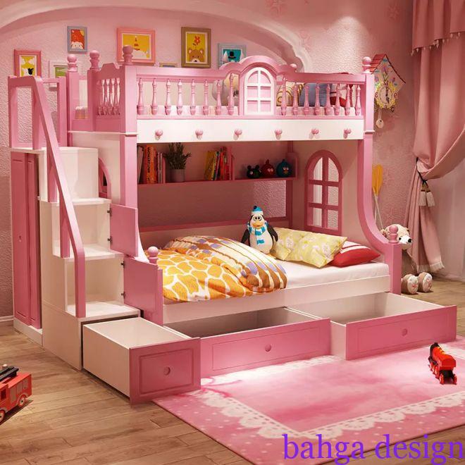 غرفة نوم اطفال خشب مودرن من طابقين باللون الروز تناسب البنات