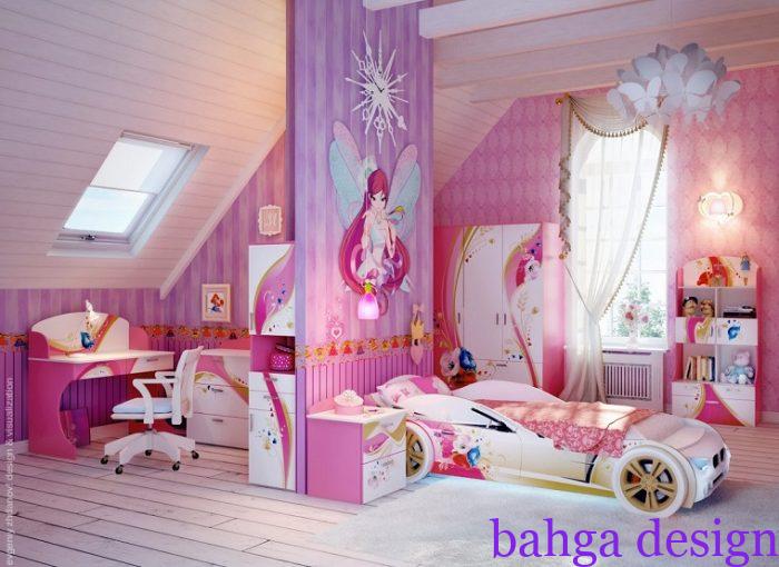 غرفة نوم اطفال علي شكل سيارة باللون الابيض مع الروز تناسب البنات