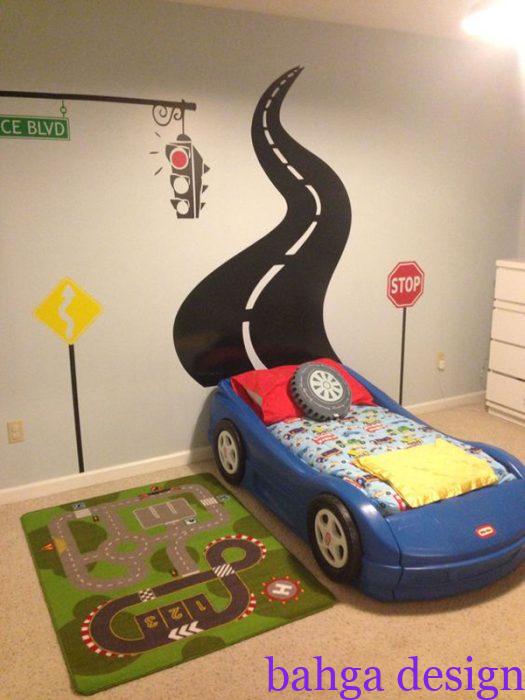 غرفة نوم اطفال علي شكل سيارة باللون الازرق رائعة (2)