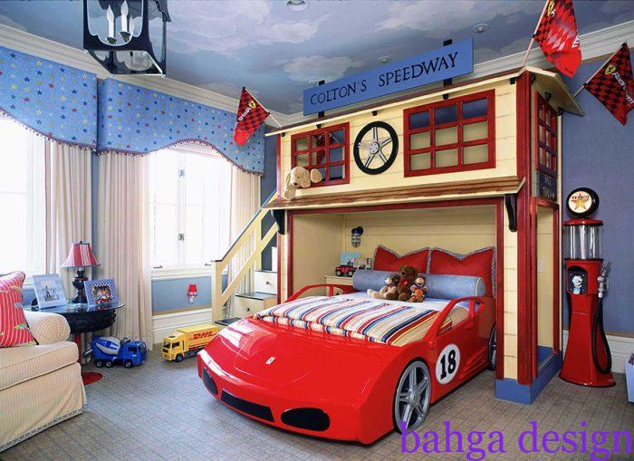 غرفة نوم اطفال علي شكل سيارة حمراء روعة