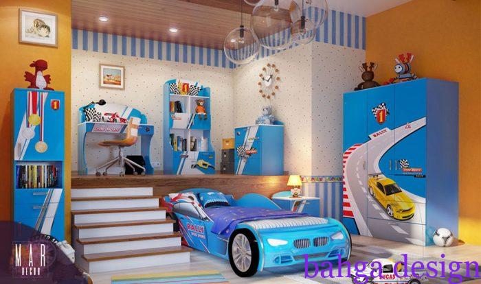 غرفة نوم اطفال علي شكل سيارة زرقاء في منتهى الجمال و الشياكة