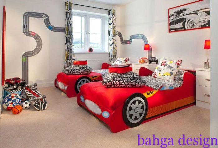 غرفة نوم اطفال علي شكل سيارة من سريرين (2)