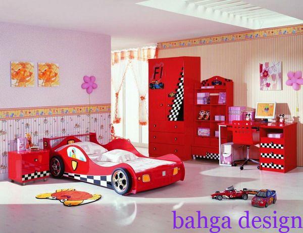 غرفة نوم اطفال كاملة علي شكل سيارة باللون الاحمر