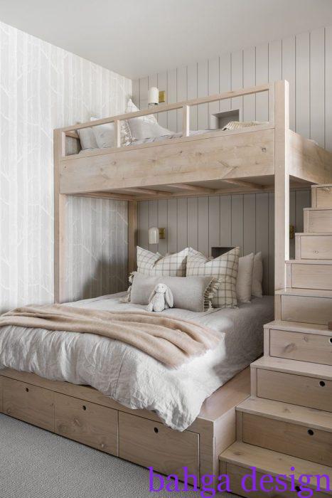 غرفة نوم اطفال للمساحات الصغيرة خشب من سريرين