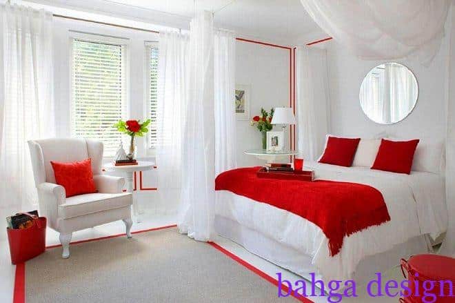 غرفة نوم هادية و بسيطة للعرسان باللون الابيض و الاحمر